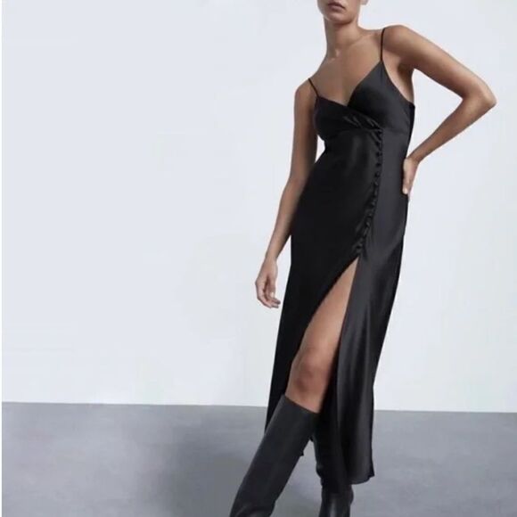 Zara Black Satin Effect Slit Maxi Dress - Picture 1 of 10